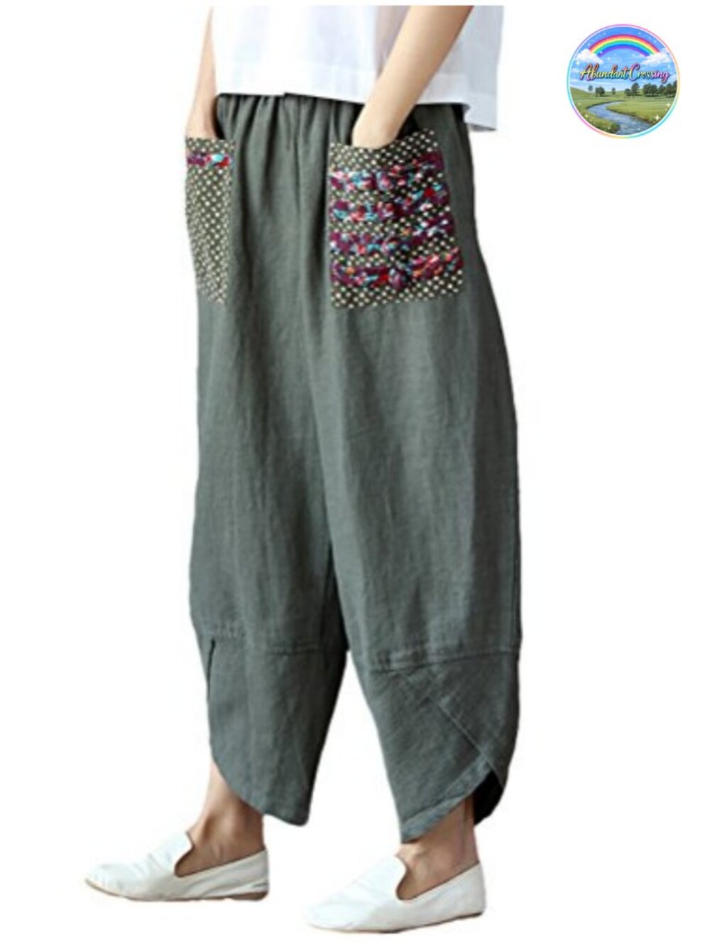 Women's Linen Wide Leg Harem Pants Elastic Waist with Pockets Casual